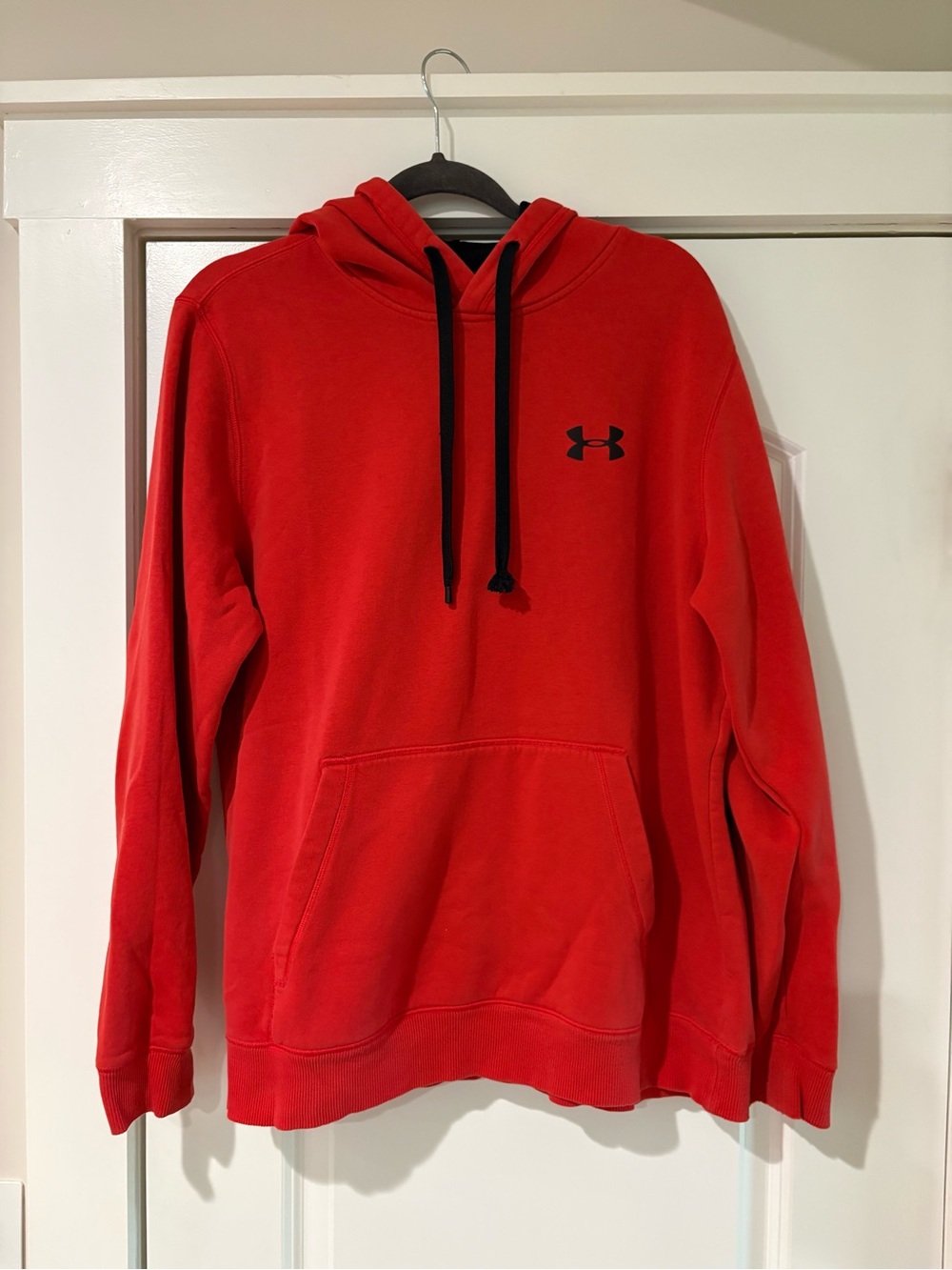 Under Armour Red Pullover Hoodie with Black Logo and Drawstrings